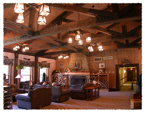 Abe Martin Lodge lobby with fireplace